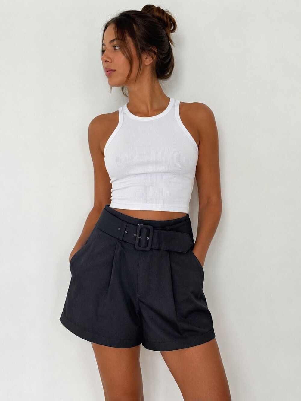 re:named Black Belted High Waisted Pleated Dress Shorts Size Medium
